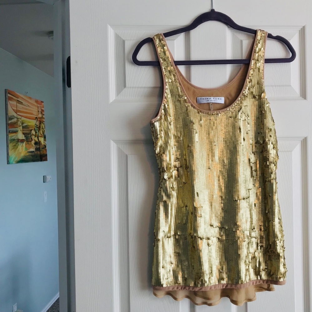 Trina Turk Gold Sequined Sexy Silk Tank Top